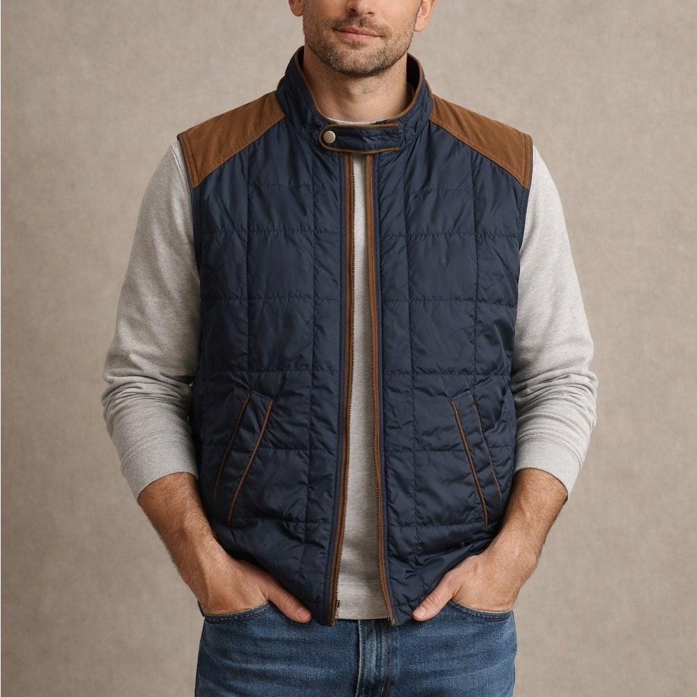 Johnston & Murphy Vest Mens Small Navy Puffer Zip Brown Suede Trim Pockets EUC